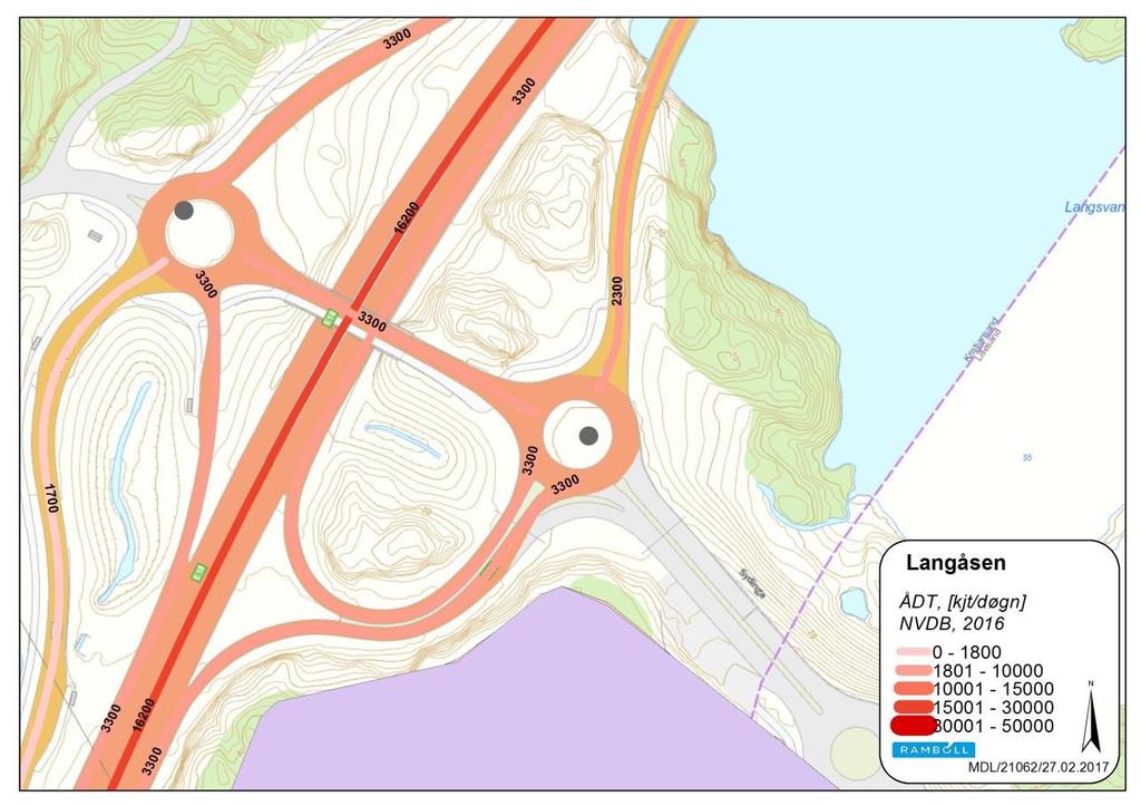 2. Dagens situasjon Ettersom beregningene ble gjennomført i 2010-2012, er det nå hentet inn trafikkmengder fra Nasjonal vegdatabank (NVDB) i 2017. Tallene gjelder for 2016.