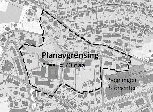 3 Planområdet 3.1 Lokalisering og planavgrensing Planområdet er på om lag 70 daa og ligg i Sogndal sentrum, nord og vest for Sogningen Storsenter (figur 1).