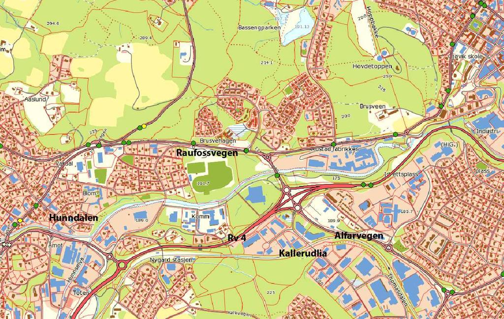 2.5 Trafikkulykker i nærheten av planområdet Figur 9 viser ulykker med personskade på veiene i Gjøvik i 10-års perioden 2004-2013, (fra Nasjonal Veidatabank - NVDB).