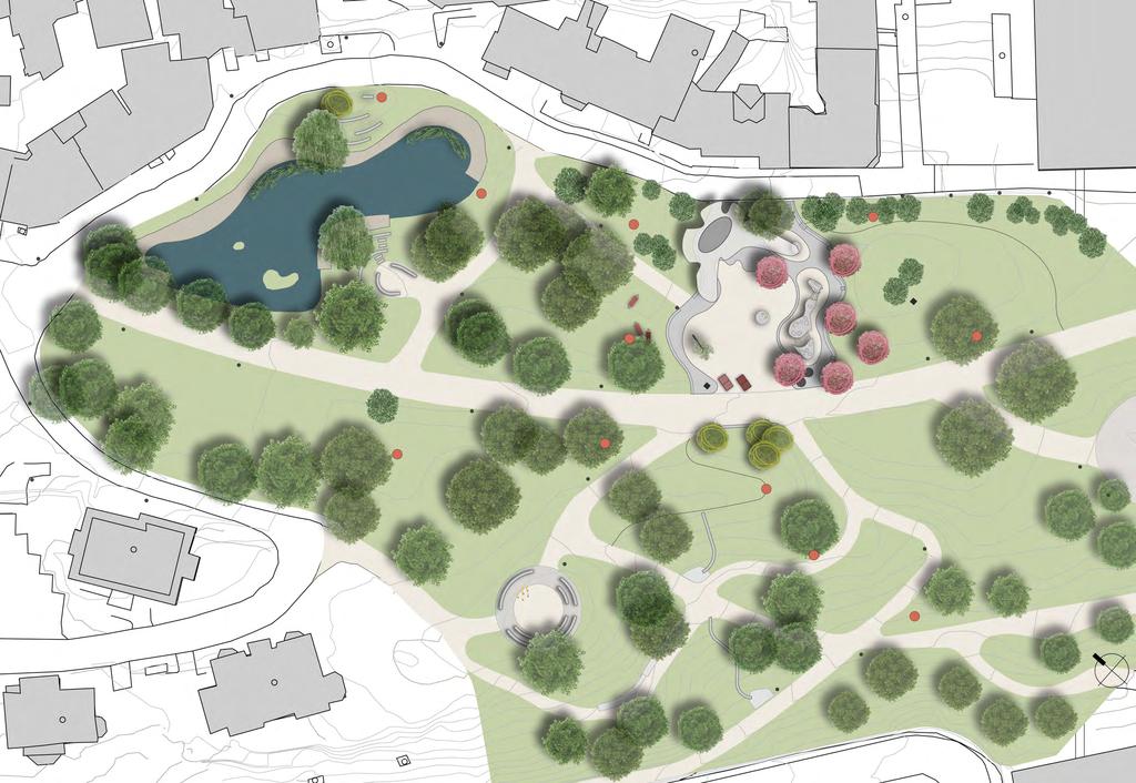 PROSJEKT FOR OPPRUSTING AV NYGÅRDSPARKEN - ØVRE DEL Langedammen Realfagbygget n eie rkv Pa promenade kafè med uteservering aktivitetsområde OVERSIKTSPLAN