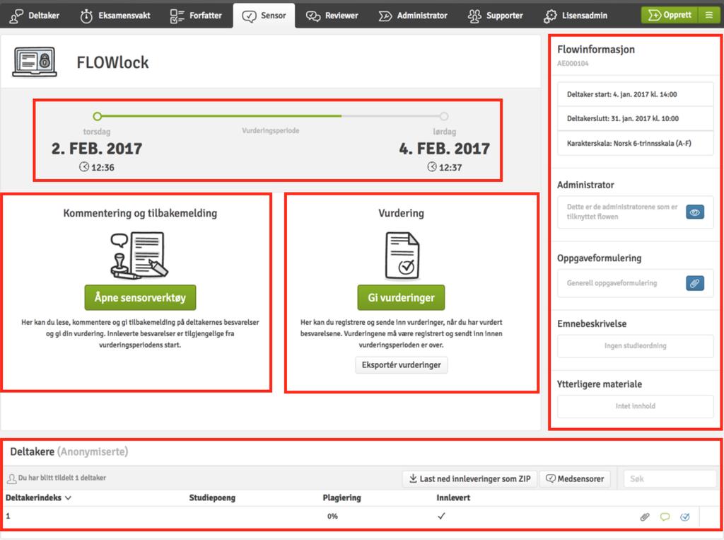 1) De flowene du har blitt tildelt som sensor, med informasjon om start- og sluttdato. 2) Status for dine flower.