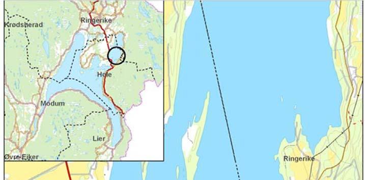 Figur 2.1. Steinsfjorden med markering av prøvefiskestrekningen (rød) på østsiden av innsjøen.