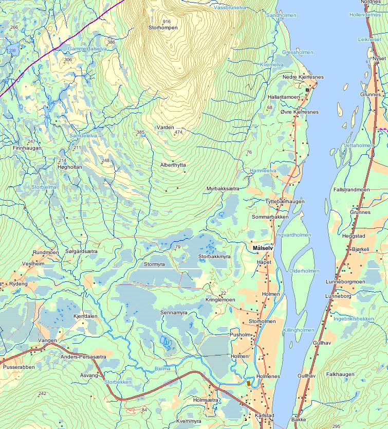 Bjelma renner ut i Målselva ved Storholmen, ca 2 km nedafor Karlstad (figur 2.3). Anadrom fisk kan vandre ca 1 km oppover Bjelma, til en foss ved Rundmoen.