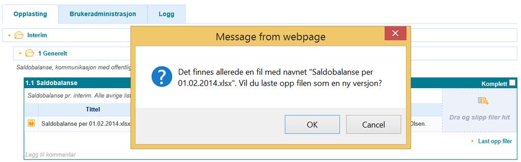 Dersom du trykker OK vil filen lastes opp og få et nytt versjonsnummer. Samtidig blir den første versjonen av filen markert i grått for å indikere at det er en eldre versjon av filen. 2.3.