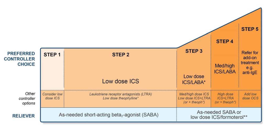 Behandlingstrapp *For children 6-11 years, theophylline is not recommended, and preferred Step 3 is