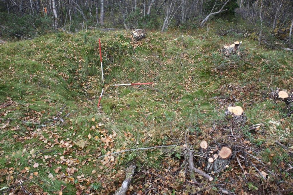 Figur 3; Planfoto av ID78863 (foto Cf34603/1). Et prøvestikk ble satt i nordlig del av kullgropa, i overgangen mellom voll og grop.