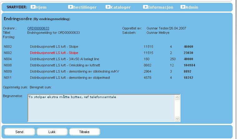 begrunnelse i vinduet som dukker opp Klikk Send, Endringsmelding