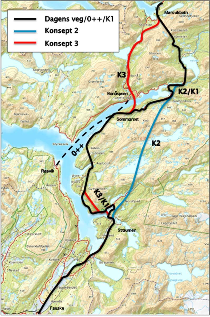 3.1 Beregningsalternativer Konsept 0++: Utstrossing av dagens tuneller til tunnelprofil T9,5. Midlertidige ferge-samband mellom Røsvik og Sommerset, og Sommerset og Bonåsjøen i anleggsperioden.