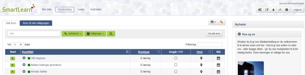 3 Kurskatalog I sluttbrukerdelen tilbys en kurskatalog der brukerne kan melde seg på kurs.