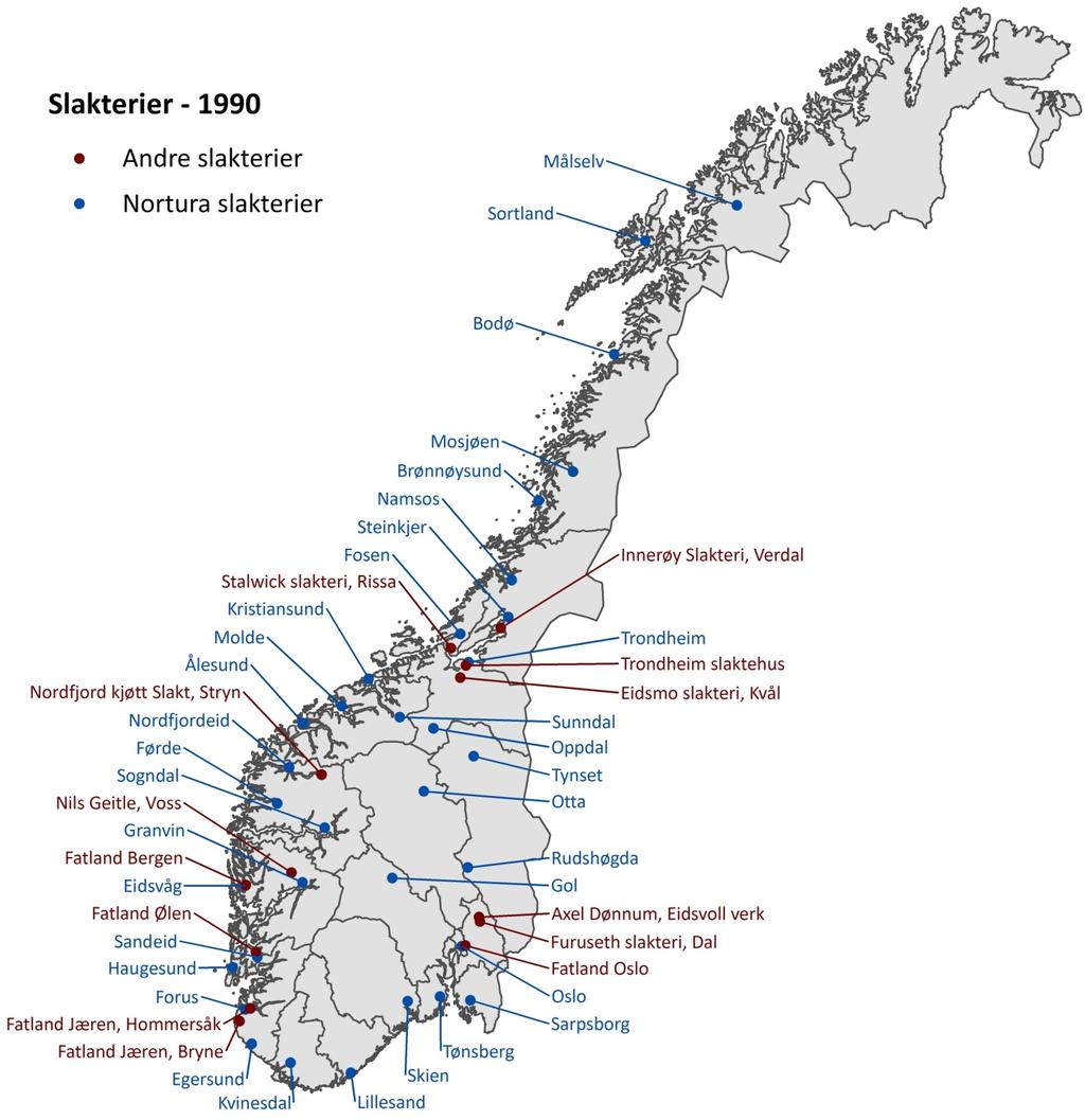 Figur3.7. Oversikt over slakterier i Norge 1990, ekskl.