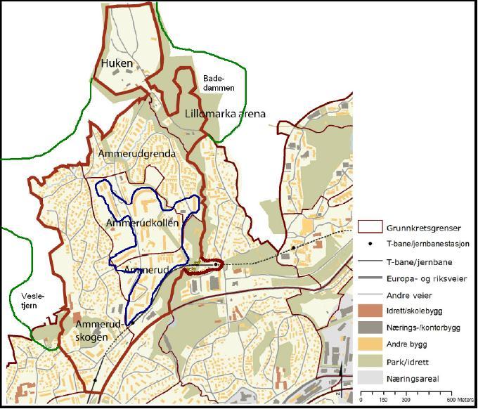 Bildet viser planavgrensningen av Ammerud er markert med rødt (den midterste avgrensingen), særlig innsatsområde er markert med