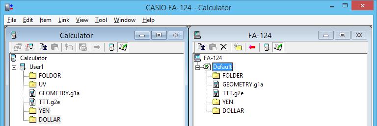 3. Overføre data mellom en datamaskin og en kalkulator i fx-9860g-serien/fx-9750gii/fx-7400gii 4. Overfør de valgte dataene ved å dra dem med musen over til minnebildet i FA-124-vinduet.