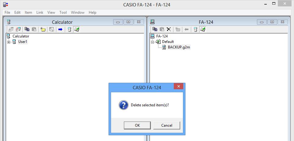 3. Overføre data mellom en datamaskin og en kalkulator i fx-9860g-serien/fx-9750gii/fx-7400gii 2. Klikk (Slett)-knappen i verktøylinjen i FA-124-vinduet. 3.