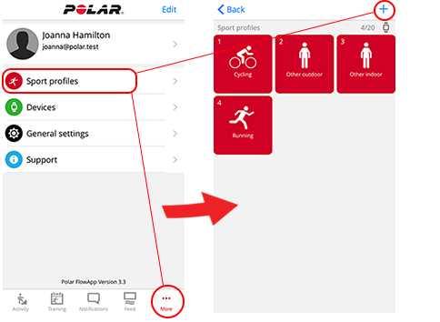 1. Gå til Sportsprofiler. 2. Trykk på plusstegnet øverst til høyre. 3. Velg en sportsaktivitet fra listen. Trykk på Ferdig i Android-appen.