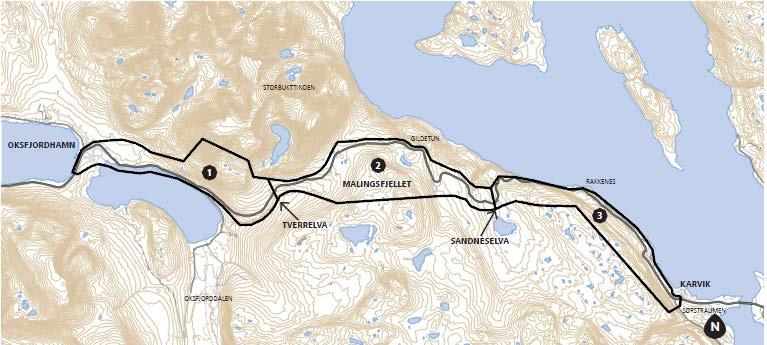 3 BESKRIVELSE AV PROSJEKTET Planområdet Planområdet langs E6 Kvænangsfjellet strekker seg fra Oksfjordhamn i Nordreisa kommune til Karvik i Kvænangen kommune.