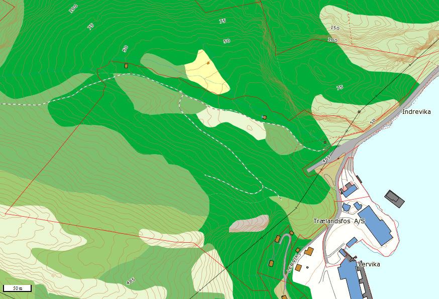 Kilde: NGU Bonitetskart fra Skog og landskap viser at det er noe skog av særs høy bonitet i området: