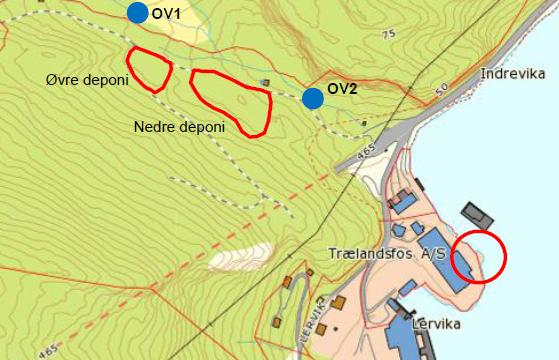 Figur 10. Utsnitt av kart fra Hintzke og Misund 2010, som viser deponier og prøvepunkter i Lerviksbekken.