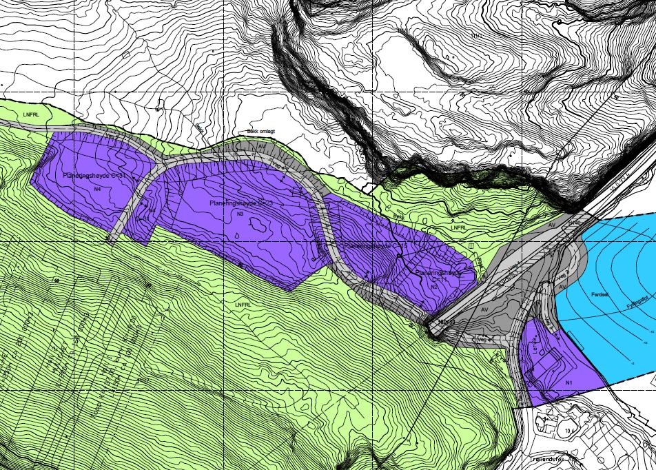 Figur 3. Utsnitt av reguleringsplan for Lervik, utkast 20.02.2012, mottatt fra Asplan Viak. Området er tidligere benyttet som deponi av treforedlingsbedriften Trelandsfos over flere tiår.