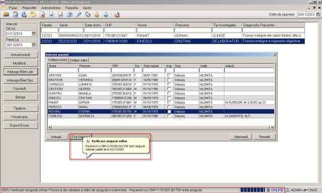 Figura 5.1-12 Selector pacienți Utilizatorul poate verifica online calitatea de asigurat a persoanei pentru care doreşte să adauge un bilet de trimitere prin apăsarea butonului.