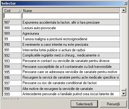 Figura 5.1-119 Selector Cod diagnostic În cazul selectării valorii "15 - Risc maternal" pentru Cod indemnizație, câmpul Cod diagnostic se dezactivează, fiind completat automat cu valoarea "RM".