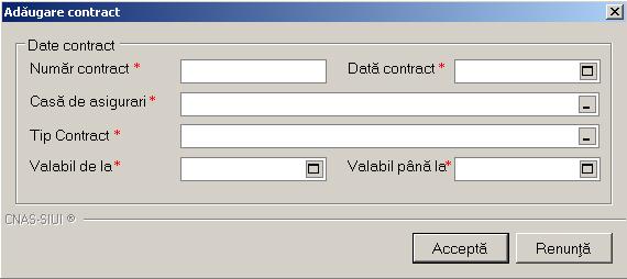 5.3.3.1 Adăugarea unui contract Figura 5.3-8 Fereastra Contracte Pentru a adăuga un nou contract cu casa de asigurări Utilizatorul apasă butonul Adaugă. Sistemul afişează fereastra Adăugare contract.