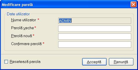 Se accesează meniul Administrare-Utilizatori, se selectează din listă Utilizatorul logat, apoi se apasă butonul. Dacă Utilizatorul logat este ADMIN, acesta poate modifica parola oricărui utilizator.