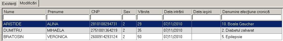 Listă Existenți conține înregistrări reprezentate sub formă tabelară.