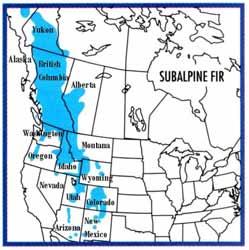 Figur 3. Utbreiingsområde for fjelledelgran i USA og Canada. Kartet dekkjer også utbreiingsområdet for korkedelgran (etter Petrides 1998).