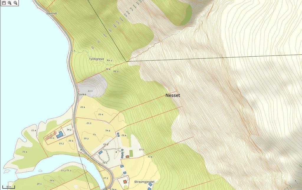 4. Analyse: Kart og satelittdata Figur 4 Grunnkart(Norgeskart.no). Det er utført kartanalyse basert på grunnkart.
