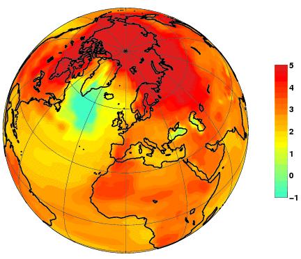 Temperatur år 2100 vs 1951-80: Størst