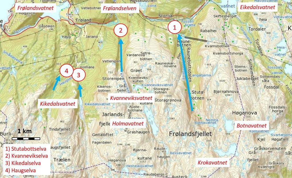 VANNFOREKOMSTER I SAMNANGER Fire sideelver fra sør til Frølandselven i Samnanger kommune, ble prøvetatt 20.