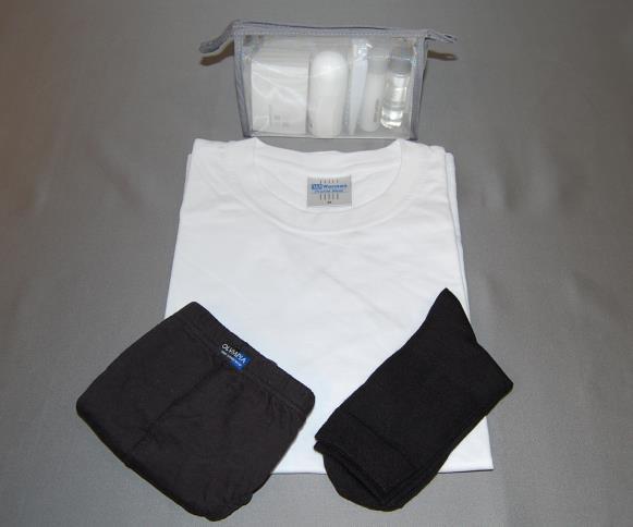 , deodorant, combicomb, dental kit, soap 15 g., vanity kit, shaving kit. MEN: 1 boxer shorts size XL.
