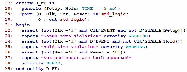 Timing og logikksjekk (sim) Stable attributtet kan benyttes for å sjekke set-up og holde-tider Returner TRUE dersom signal har vært stabilt >= tid angitt