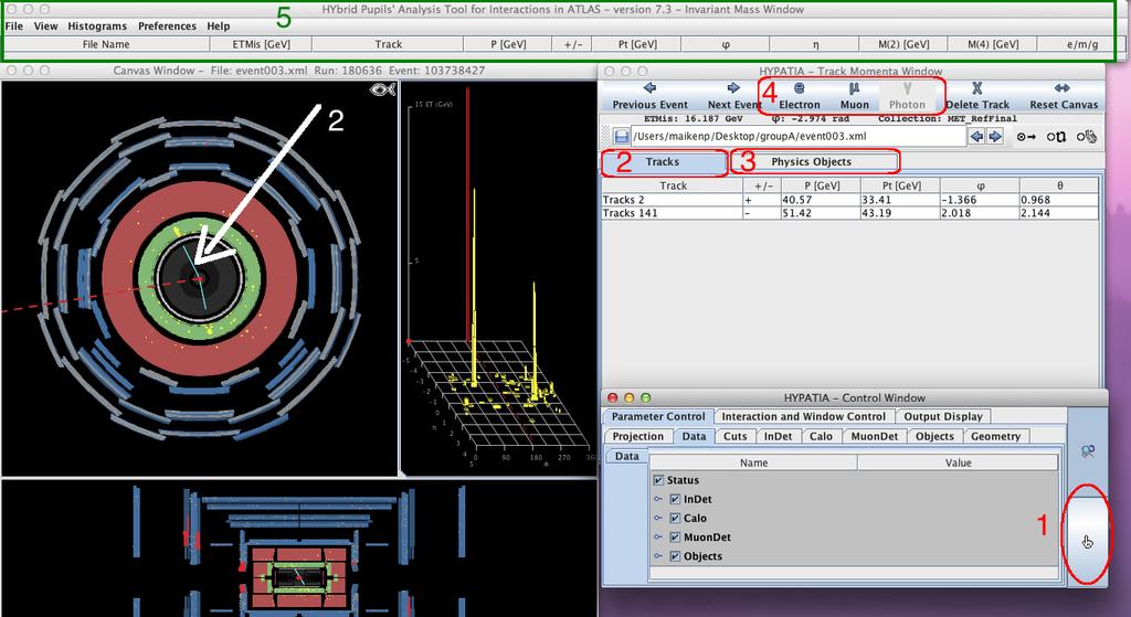 HVORDAN LEGGE INN ELEKTRONER, MYONER ELLER FOTONER I HYPATIAS INVARIANT MASSE TABELL 1. Velg Pick 2. For elektroner eller myoner klikk på Tracks Window For å selektere elektronet eller myonet: a.