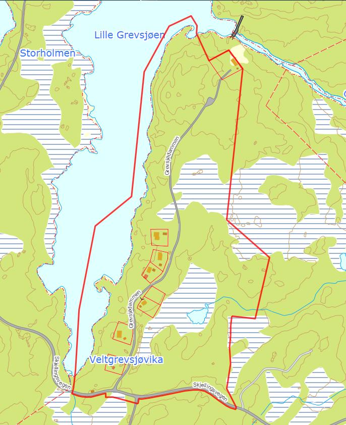 2.2 Beskrivelse av planområdet Kart over planområdet Kartet viser planområdet med rød strek. Planområdet har et areal på 230daa Grevsjøen ligger ca 550m.o.h. Planområdet er skogkledd med innslag av myr.