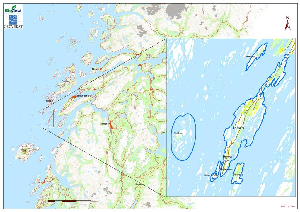 Kart over det Utvalgte kulturlandskapet Blomsøy/Hestøysund/Skålvær.