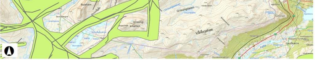 Effekter på Villrein Kart fra naturbase med trekkveier i Hjerkinn skytefelt: Figurtekst: MERK at det ikke går direkte kjent trekk som krysser delstrekning på Store ringvei mot Grisungen,