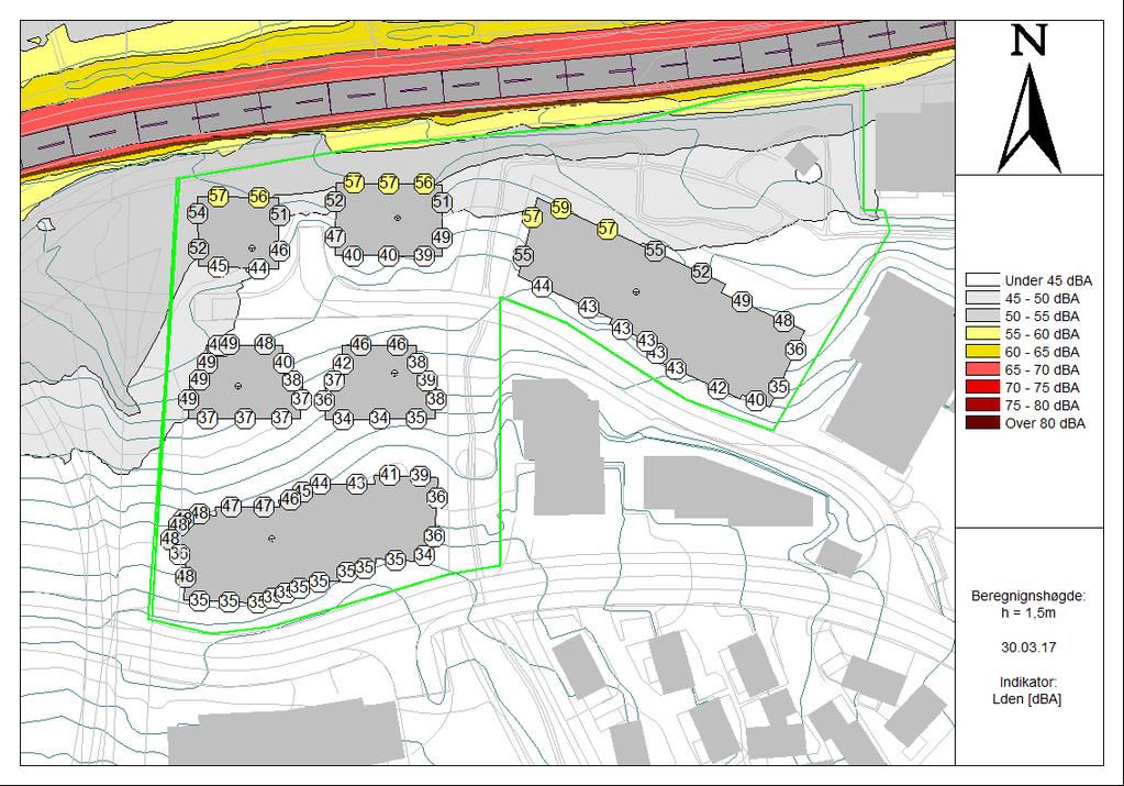 Eksisterende støyskjerm (brun) Felles uteareal Figur 2. Beregnede støysoner i 1,5 meter over lokale høydekoter (ikke i målestokk).