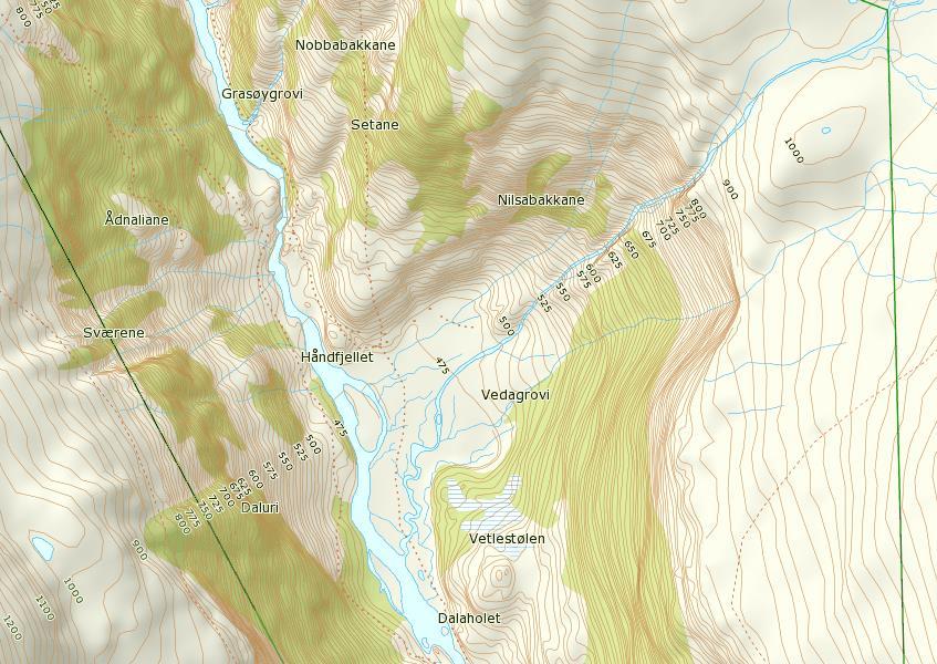 Oversiktskart Dalen med Sveidalselvi/Trågrovi og Vedagrovi. Raud sirkel syner området der det er aktuelt å gjere tiltak. Grøn line er grensa mellom landskapsvernområdet og Breheimen nasjonalpark.