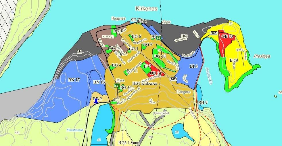 Planutsnitt av kommuneplan for fabrikkområdet til Sydvaranger Grue AS, BN16 og 17 Området som i kommuneplanens