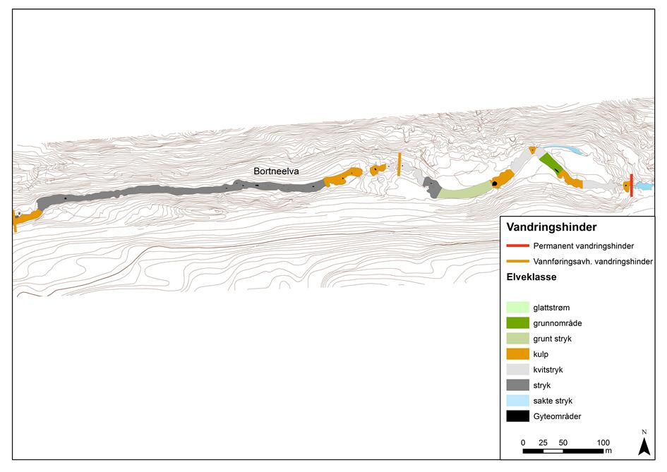 Figur 3. Elveklasser og gyteområder øvre del i Bortneelva. Leveområder og gytemuligheter Skjulmålinger, dvs.