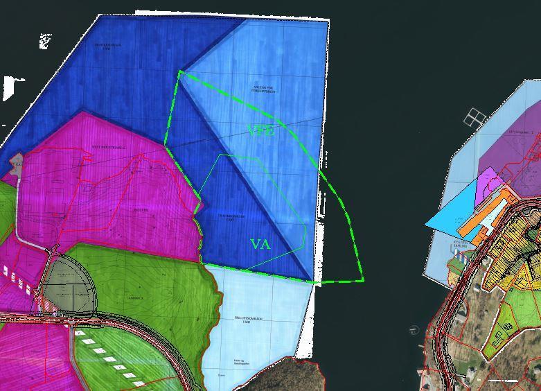 Prioritert fiskeområde i Essvika er markert med mørk blå farge påskrift FO23. Gjeldande reguleringsplan for både land-og sjøområdet her er «R55 Viganeset Nord industriområde» frå 2002.