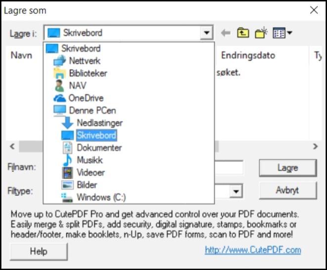 Velg deretter Fil Lagre som PDF Velg hvor du ønsker å lagre.