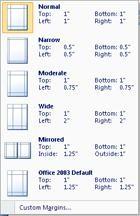 در داخل این تب در قسمت Margins می تونید حاشیه ها رو مشخص بکنید. با کلیک روی گزینه Margins کادر اون نمایش داده میشه. می تونید نوع : Normal Narrow Moderate Wide Mirrored در نظر بگیرید.