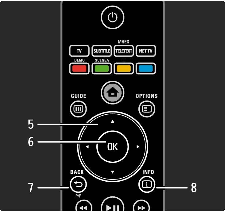 2.1.1 Oversikt over fjernkontrollen 2/6 5 Navigeringsknapp Trykk for å navigere opp, ned, til høyre eller til venstre. 6 OK-knapp Trykk for å åpne kanaloversikten. Trykk for å aktivere et valg.