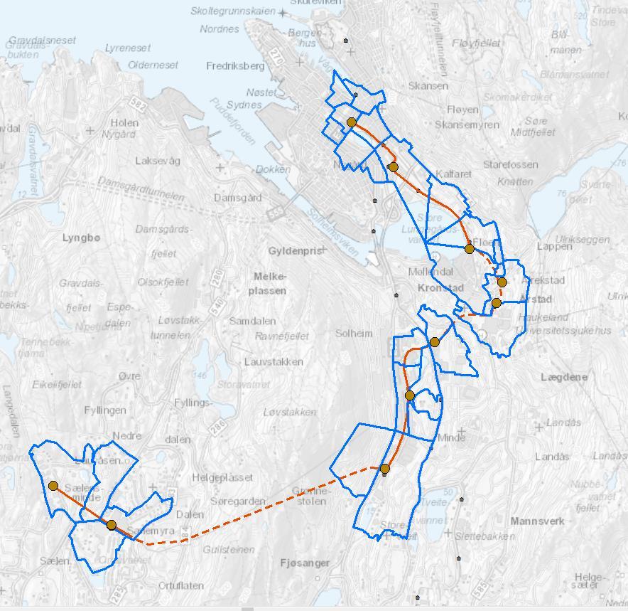 42 Samtidig blir det etablert et bybanetilbud som vil ha sterk konkurransekraft der traseen går.