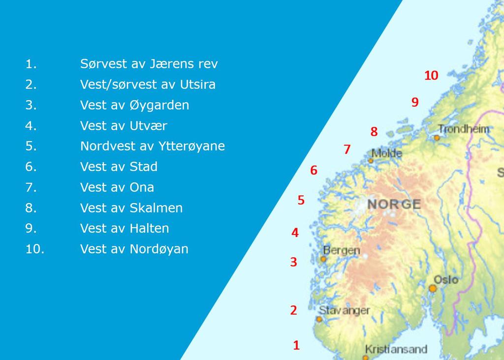 Figur 5-5: Steder for månedlige bølgedata fra Den Norske Los (DNL) Ved å ta utgangspunkt i fordelingen av bølgeforhold for en måned kan en få et anslag på hvordan forskjellene mellom områdene er.