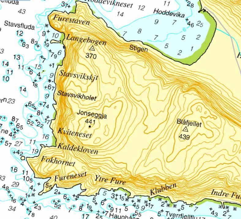 Figur 5-10: Det er flere grunner og undervannsskjær nært opp mot land rundt Stadlandet. Her et utsnitt av sørvestre del av Stadlandet.
