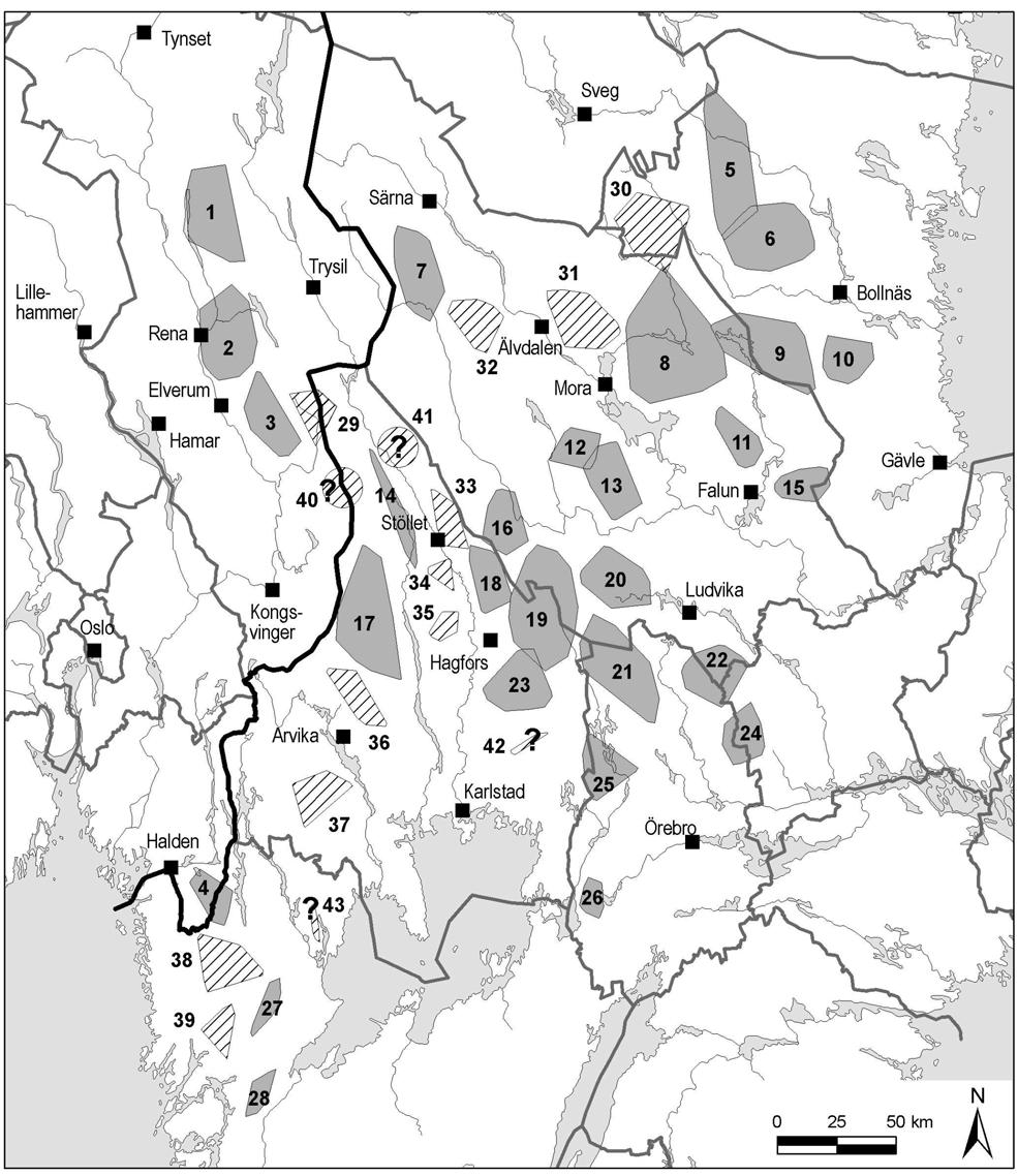 Figur 2. Utbredelsen av ulveflokker (mørkt raster) og revirmarkerende ulvepar (lys skravering) i Skandinavia vinteren 2008-2009. Tall i figuren er i samsvar med nr. i Appendiks 1.