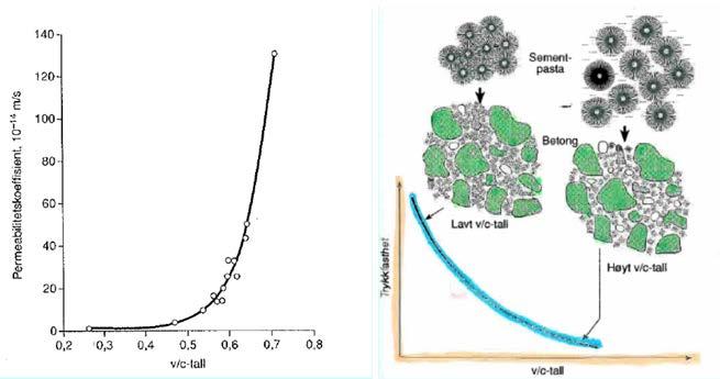 Bestandighet Figur 3: v/c-tall påvirker både permeabilitet og trykkfasthet Masseforholdet mellom vann og bindemiddel (som hovedsakelig er sement) styrer porøsiteten i betong.